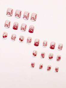 24pcs Nail Stickers With Various Designs Including Short, Modern French White, Red Wavy, Square, Flame Heart, Cherry, Red Lips, XOXO Patterns. Romantic And Cute, Suitable For DIY Manicure. Easily Create Romantic Nails For Daily, Date, Party, Valentine's Day, New Year, Thanksgiving And Other Occasions. Nail Supplies - Multicolor - View 4