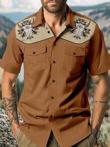 Men's Long Sleeve Denim Shirt With Animal Print Design, Fashionable Denim Casual Shirt With Double Pockets And Buttons, Suitable For Daily Wear Cowboy Style