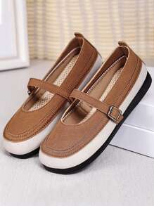 Calçado Feminino de Moda Cor Bloco Bico Redondo com Fivela, Sapatilhas Macias e Confortáveis com Sola Macia para Uso Casual ao Ar Livre, Mocassins