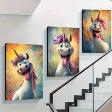 3PCS Fun Unicorn Face Wall Arts Decoration Posters, Suitable For Living Room, Bedroom Home Decoration Modern Painting Optional Frame