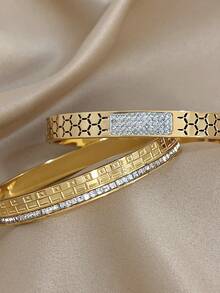 18K 镀金不锈钢奢华优雅几何锆石钻石可叠戴手镯套装，适合女士、妈妈礼物、圣诞节感恩节万圣节婚礼狂欢/舞会/派对/日常配饰、周年纪念礼物、情人节波西米亚风珠宝生日伴娘礼物 Y2K 精致时尚手镯