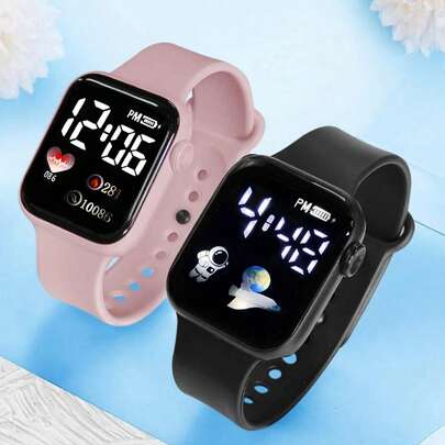 2 件套休闲可爱太空飞船宇航员设计 LED 数字电子手表，情侣的完美礼物，适合日常佩戴、派对、返校季