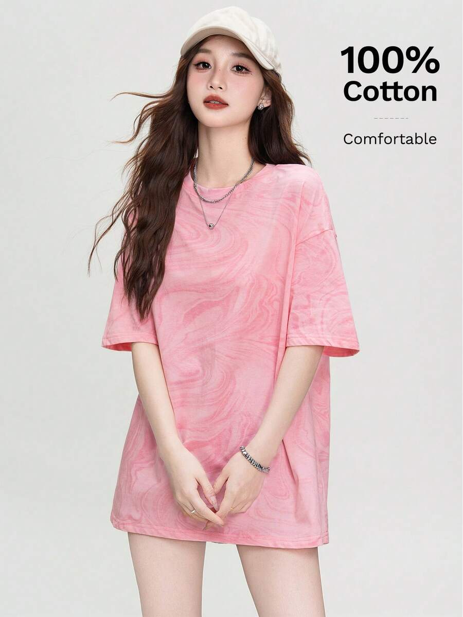 全新宽松浅粉色水彩画印花 T 恤，时尚休闲女式 T 恤 - 0A66淺粉紅色 - 查看 1