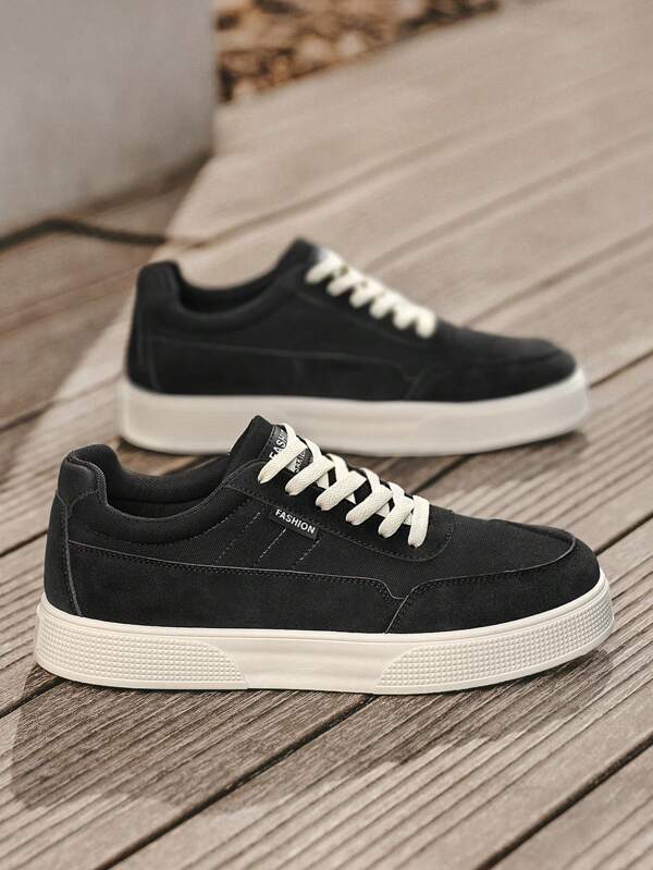 Men's Simple Fashion Flat Breathable Comfortable Black Sneakers, Round Toe Lace-Up High Platform Casual Skate Shoes
