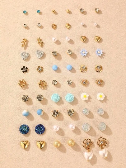 30 对时尚可爱蝴蝶结、心形、仿珍珠、花朵水晶耳钉套装，适合女孩的礼物