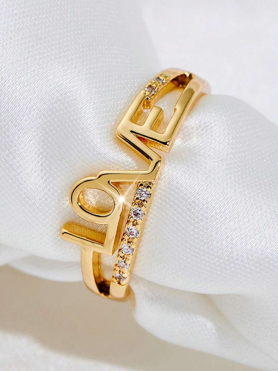 1 件时尚百搭简约锆石戒指，情人节、母亲节、生日、派对礼物 - 金黃色 - 查看 1
