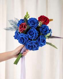 25Pcs Artificial Roses Flowers Fake Roses With Stems Real Touch Foam Flowers For DIY Wedding Bouquet Baby Shower Centerpiece Floral Arrangement Party Home Decor(Dark Red) - Royal Blue-a - View 4