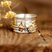 Sunflower And Bee Ring, Spinner Ring, Nature Ring, Meditation Spinning Wide Band, Anxiety Fidget Ring - 彩色 - 查看 5