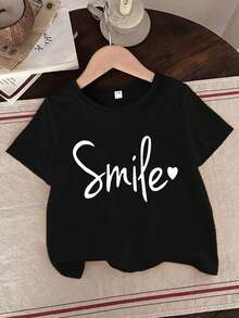 Camiseta de manga corta casual con cuello redondo y estampado de letra sonriente, suave y cómoda para usar en primavera/verano - Negro - Ver 2