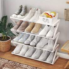 Four-Layer Large Z-Shaped Shoe Rack, Easy To Assemble Without Tools, Pink Plastic Stackable Storage Organizer, Suitable For Home, Dormitory And Living Room, Space-Saving Floor Design, Shoe Storage Organizer
