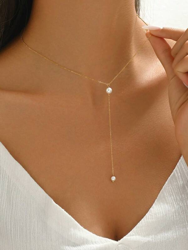 1pc Fashionable Y-Shaped Pearl Tassel Stainless Steel Pendant Necklace, Elegant French Nobility Style For Women, Charming Choker Necklace For Celebrations And Parties