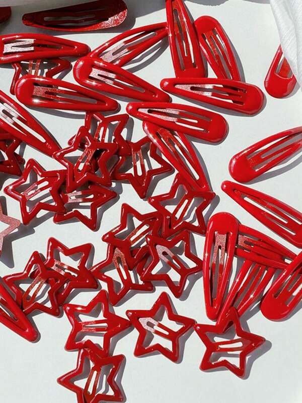 Street 10pcs/Set Women's Red Oil Drop, Star, Waterdrop Pattern Back Head Hair Clips, Suitable For Daily, Home, Commuting And College Outfit Decoration, Simple And Cute Style