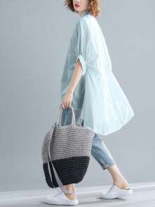 轻盈女式半袖高低领衬衫，带蝙蝠袖设计和领口 - 藍色 - 查看 2