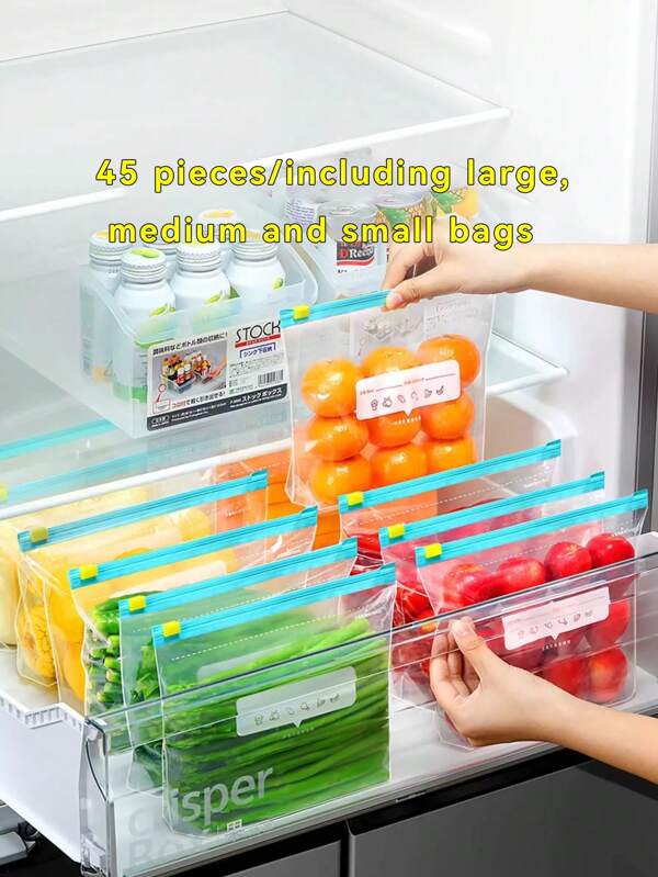 45 Pieces Of Resealable Food Storage Bags (Contains 10 Large Bags + 15 Medium Bags + 20 Small Bags), Thickened Freezer Bags, Suitable For Microwave Heating, Blue, Used For Long-Lasting Food Preservation And Organization, Transparent PE Bag Zipper Bag, Suitable For Kitchen Food Separation Collection, Snack Storage, Fruit And Vegetable Classification, Ensuring Fresh Ingredients, Essential Household Fresh-Keeping Bags