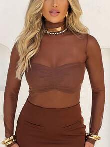 Long Sleeve Transparent Round Neck Tulle Blouse Second Skin - Rust Brown - View 1