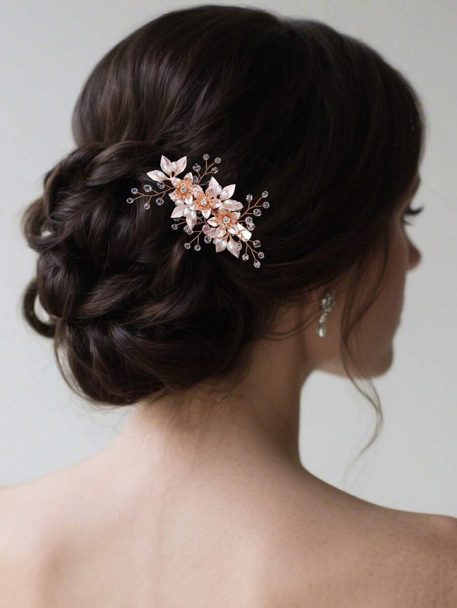 1pc Elegant Floral Crystal & Pearl Decorated Bridal Hair Clip, European Garden Wedding Bridesmaid Hair Accessory