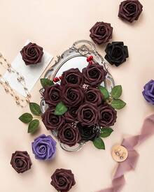 25Pcs Artificial Roses Flowers Fake Roses With Stems Real Touch Foam Flowers For DIY Wedding Bouquet Baby Shower Centerpiece Floral Arrangement Party Home Decor(Dark Red) - Burgundy-a - View 2