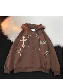 Men's And Women's Streetwear Cross-Stitch Zipper Hooded Sweatshirt, Retro Y2K Skeleton Spider Pattern Hooded Sweatshirt, Black Hooded Sports Shirt  Letter  Star    Casual    Pocket  Drawstring  Zipper    Home - Brown - View 2