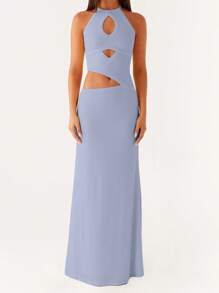 Women Long Dress, Sleeveless Halterneck Backless Hollowed Solid Slim Fit Cocktail Dress