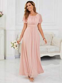 EVER-PRETTY Abito da damigella d'onore da cerimonia elegante in chiffon con scollo a equipaggio, vita segnata e gonna plissettata fino ai piedi