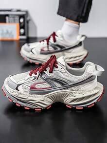 Men's Breathable New Style Mesh Thicker Sole Chunky Sneakers, Casual Height Increasing Popular Sports Shoes - Red - View 6