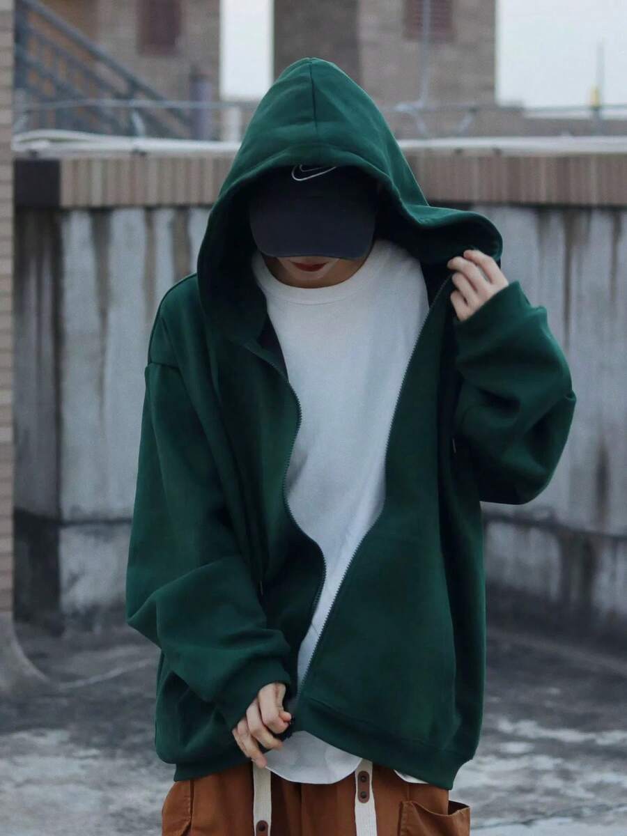 Sweatshirt Open Blouse With Zipper And Hood Cold Winter Plain Coat - 軍綠色 - 查看 1