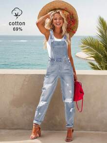 Blue High-Waisted Suspender Casual Commuter Jeans For Women - Blue - View 2