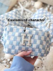 1pc Custom Initials Blue Checkered Cosmetic Bag | Last Toast On The Coast Bridesmaid Favors | Coastal Cowgirl | Bachelorette Beach Party