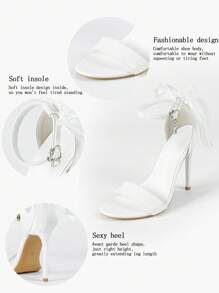 Women's White Glitter Bow Decor Strap Open Toe Super High Thin Heel Sandals, Elegant & Exquisite Leather Heels For Wedding, Party, Spring/Summer