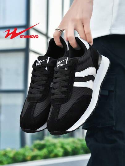 STARNOVO 男士休闲运动鞋，复古系带运动鞋，网球鞋，皮革与针织网布拼接设计，透气舒适，适合夏季度假，男士休闲运动鞋，春秋季另有全皮款可选