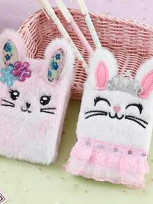 Neues Kinder Cartoon Kaninchen Plüsch Notizbuch, tragbares Mini Taschennotizbuch für Mädchen Studenten, Batik-Position variiert je nach Farbunterschied (4,3" x 3,3") - Verschiedenfarbig - Übersicht 7