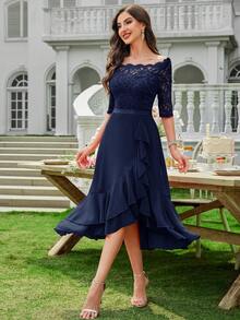 MIUSOL 船领花卉蕾丝拼接荷叶边下摆鸡尾酒会摇摆连衣裙婚礼宾客连衣裙舞会连衣裙