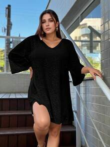 Lace Sleeve Dress - Beach Cover-Up - Black - View 1