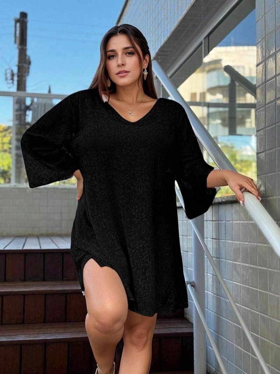 Lace Sleeve Dress - Beach Cover-Up - Black - View 1