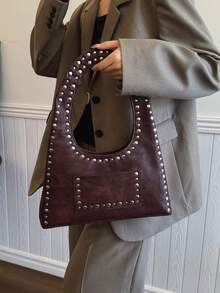 1 件新款时尚咖啡棕色 PU 休闲流浪包，百搭单肩包，复古朋克铆钉装饰新月形手提包，女士 - 咖啡棕 - 查看 6