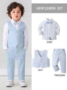 3 件套男婴绅士服装套装：长袖白衬衫配领结、背心和裤子，适合生日派对、婚礼、满月/周岁庆祝 - 淺藍色 - 查看 4