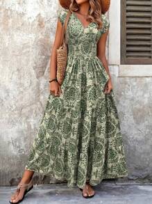 Women's Clothing Temperament V-Neck Short Sleeved Big Swing Dress