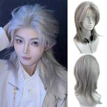 Lolita Perücke mit Pony, geschichtete lockige, zerzauste kurze Perücke in silbergrau, fluffige synthetische Haar Perücke geeignet für Männer & Frauen, für den täglichen Gebrauch