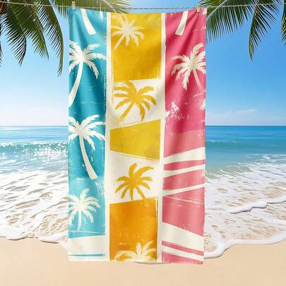 1条印花沙滩巾，彩色椰树图案泳衣浴巾，时尚沙滩巾，超强吸水浴巾，适用于浴室、游泳、健身、瑜伽