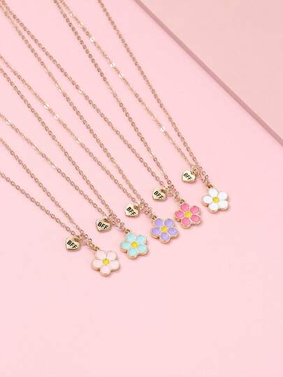 5pcs Girls Zinc Alloy Colorful Enamel Flower Shaped Pendant Necklace Set With BFF Heart Shaped Charm, Suitable For Daily Life And Wear With Friends