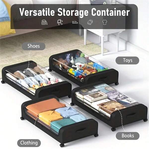 Armazenamento embaixo da cama com rodas, recipientes de armazenamento embaixo da cama XXL 60L, organizador de armazenamento embaixo da cama com tampas transparentes - gavetas e caixas com rodinhas para roupas, sapatos, brinquedos, pacote com 1