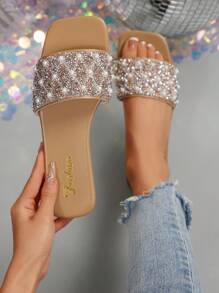 Women's Slide Sandals With Rhinestone Decor, Casual Versatile Outdoor Flat Plastic Slippers