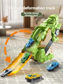 三合一儿童恐龙变形集装箱卡车，霸王龙造型，便携式可折叠轨道，合金车身，多种玩法，亲子互动玩具，适合作为3-12岁男孩女孩的礼物。