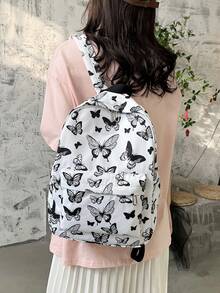 1pc Women's Fashion Butterfly Print Color Block Large Capacity Backpack, Classic Student School Bag, Versatile Commuter Backpack With Multiple Pockets - Black and White - View 2