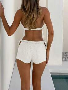 Y2k Crochet Knitted Two Piece Outfit For Women Beach Vacation Clothes Outfit Sexy Hollow Out Tie Front Halter Backless Split Crop Tank Tops + Slim Fit Low Rise Mini Shorts Set Summer Club Beachwear 2 Piece Outfit - trắng - Xem 2