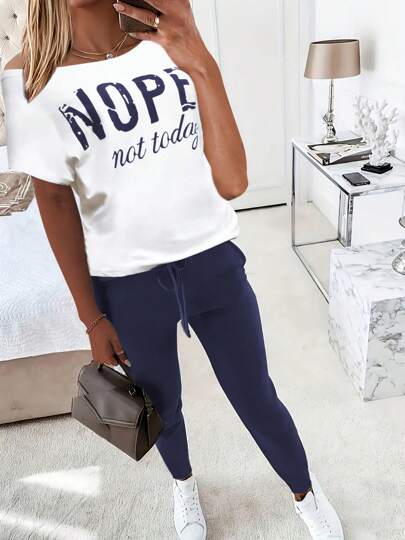 2 sztuki/zestaw Casual Letter Print Koszulka z krótkim rękawem i bardzo długimi spodniami