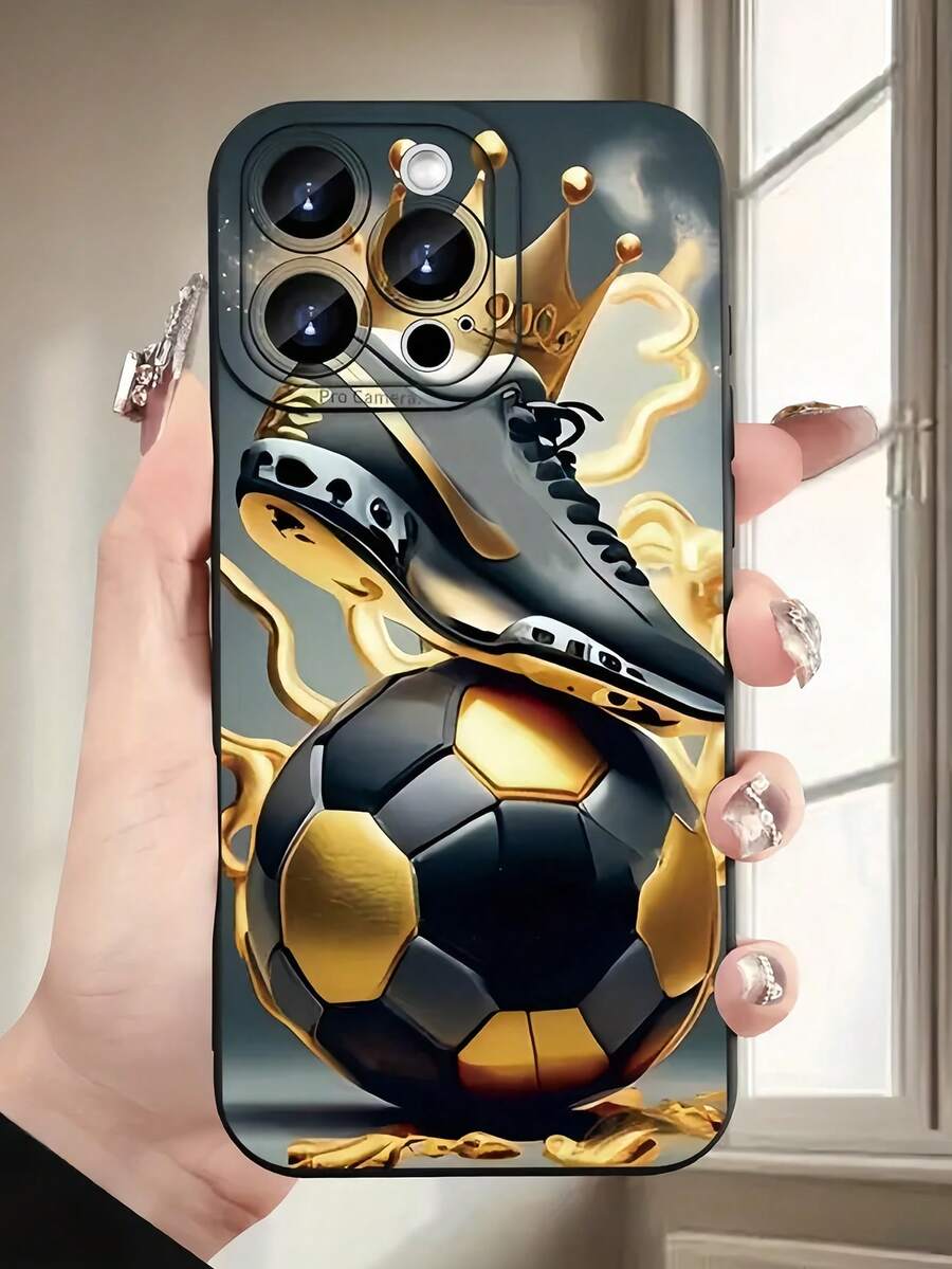 Soccer 1pc Black Crown Football Personalized Pattern Full Covered Shockproof TPU Phone Case Compatible With Apple 16/15/14/13/12/11 Pro Max And Series Waterproof Anti-Fall Scratch Resistant,International Version, Not The Domestic Version - Multicolor - View 1