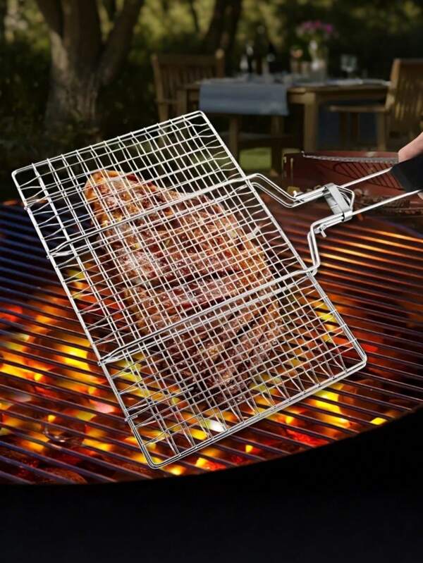 2/1 Pcs Foldable Stainless Steel Barbecue Basket, Outdoor Cooking Tools And Accessories, BBQ Tools, Grilling Grates, Racks, Pans, Kitchen Utensils, Detachable & Portable Fish And Vegetable Rack, Outdoor BBQ Accessories | Detachable Handle | Stainless Steel Basket, BBQ Accessories, Large Capacity Portable BBQ Basket - Durable Metal And Wood Design, Suitable For Fish, Chicken Wings