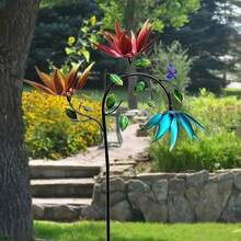 Large Stainless Steel Wind Up Metal Flower Butterfly Windmill - 3 Rotating Colourful Flowers & Butterflies, Weather Resistant Outdoor Patio Art Decoration For Deck, Patio, Patio Decoration, Whimsical Designs
