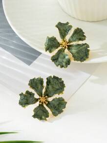 1 Pair Asymmetrical Green Floral Oil Drop Design Lady Earrings, Suitable For Holiday/Travel/Date Wear